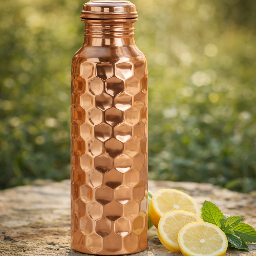 Pure Copper Embossed Water Bottle – 950ml Hammered Finish