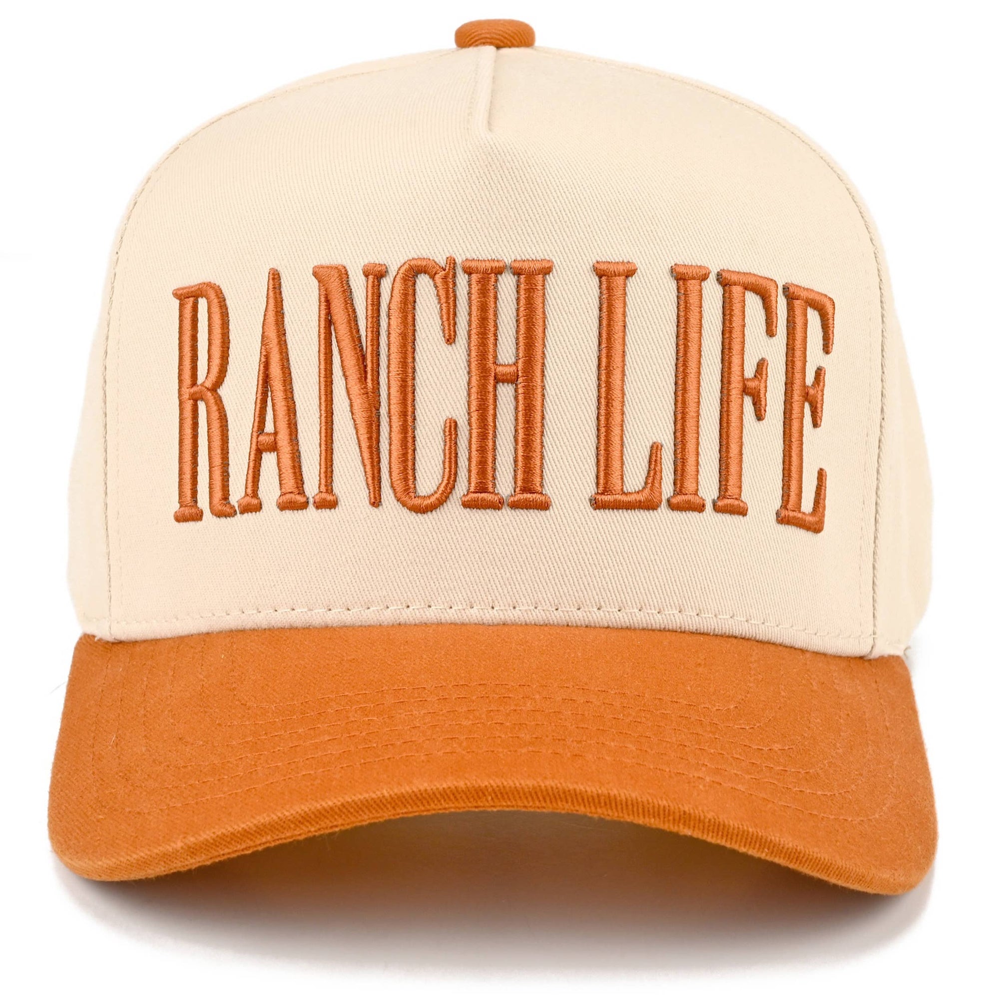 RANCH LIFE Letter Embroidered Two Tone Trucker Hat: Burnt Orange