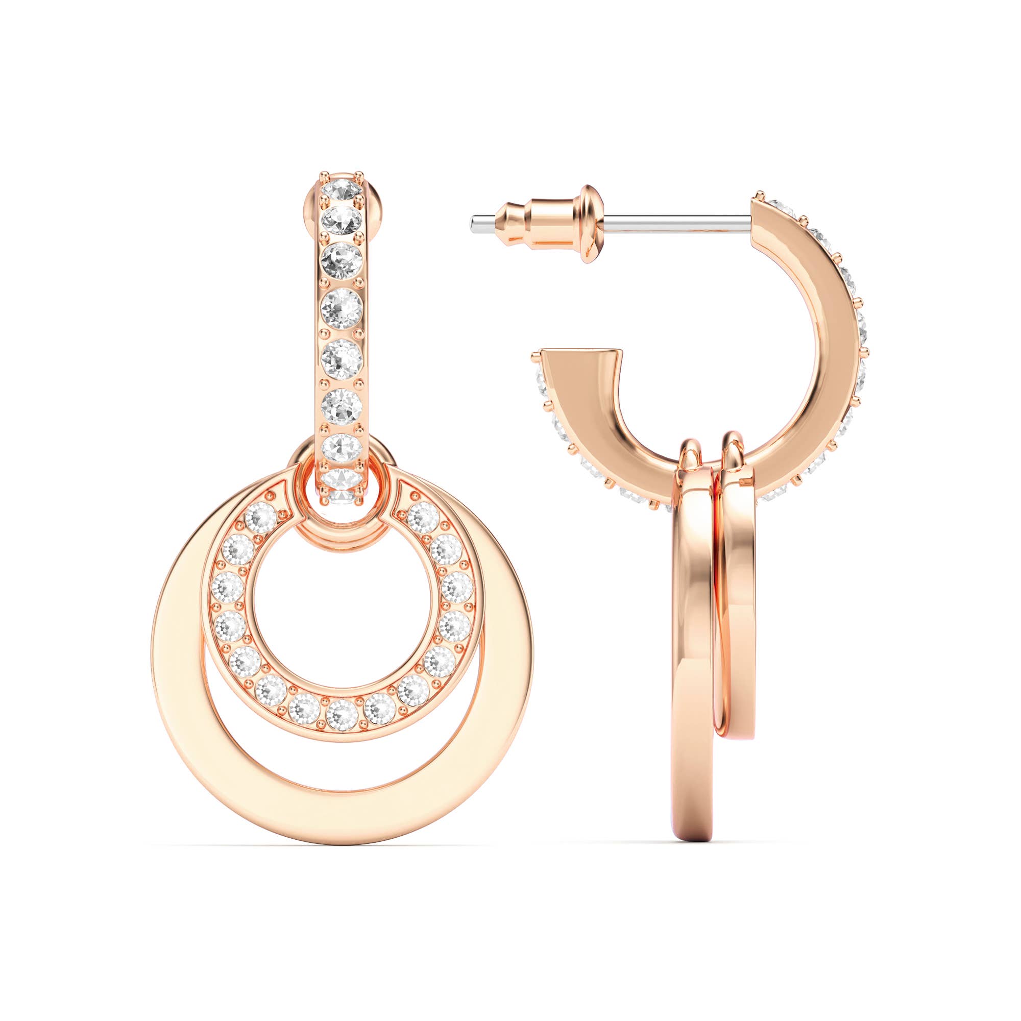 Circle Double Drop Earrings Clear Crystal Rose Gold Plated