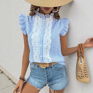 Stylish Striped Lace Ruffle Fly Sleeve Patchwork Cardigan Shirt for Women