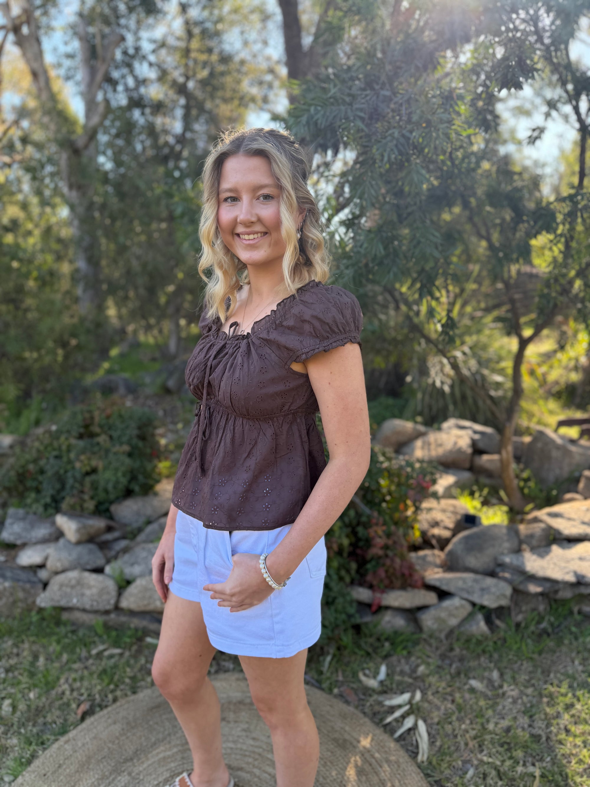 The Elsie Chocolate Broderie Top
