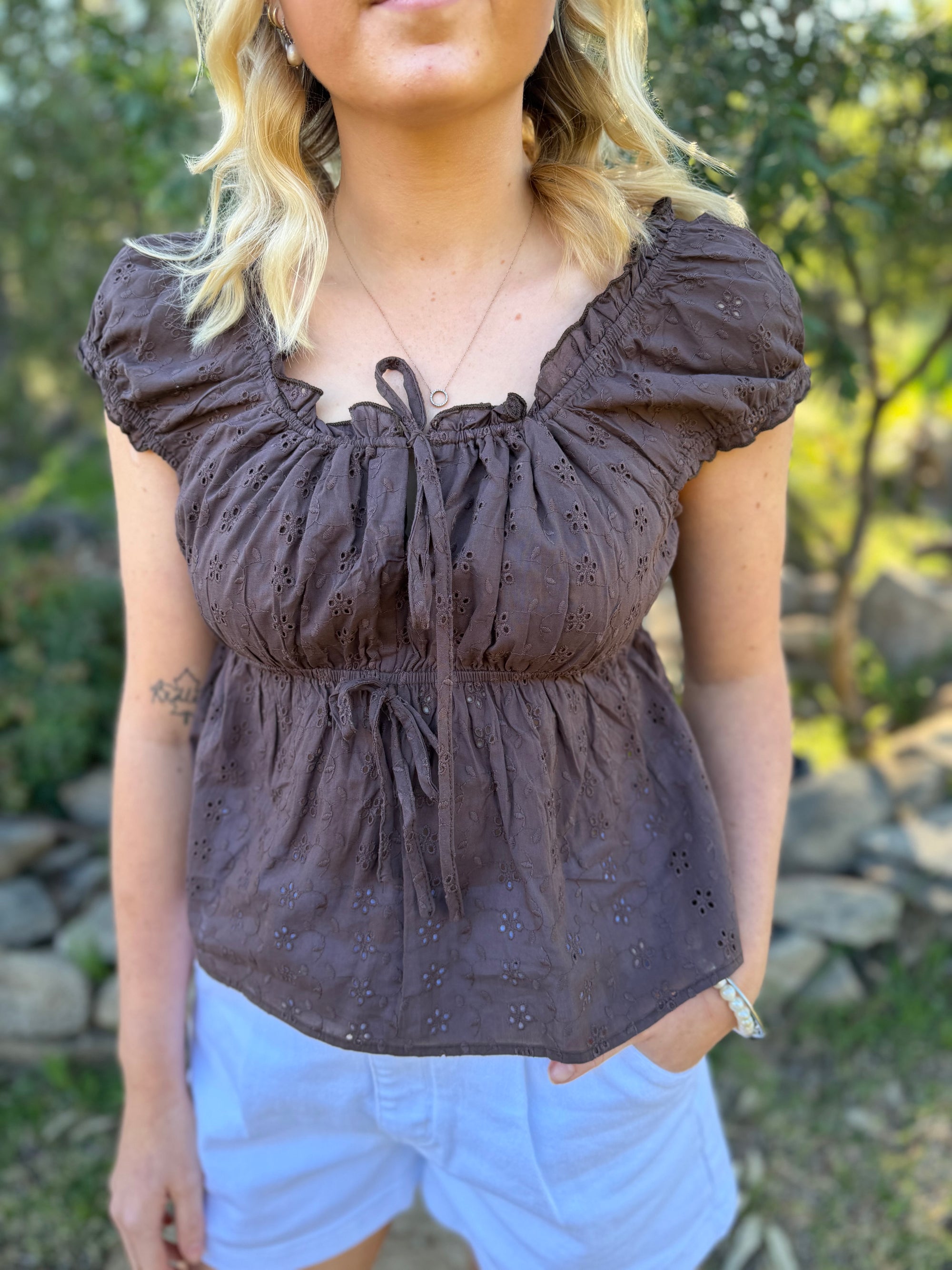 The Elsie Chocolate Broderie Top