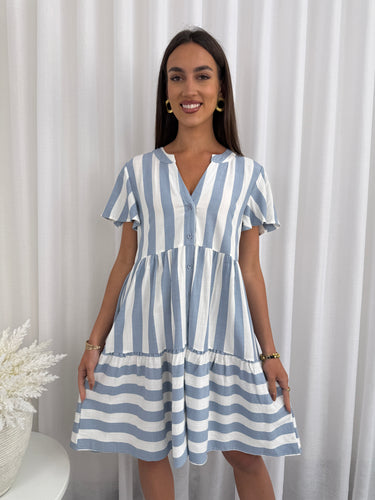 Striped Baby Doll Dress - Blue