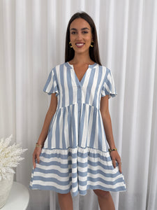 Striped Baby Doll Dress - Blue