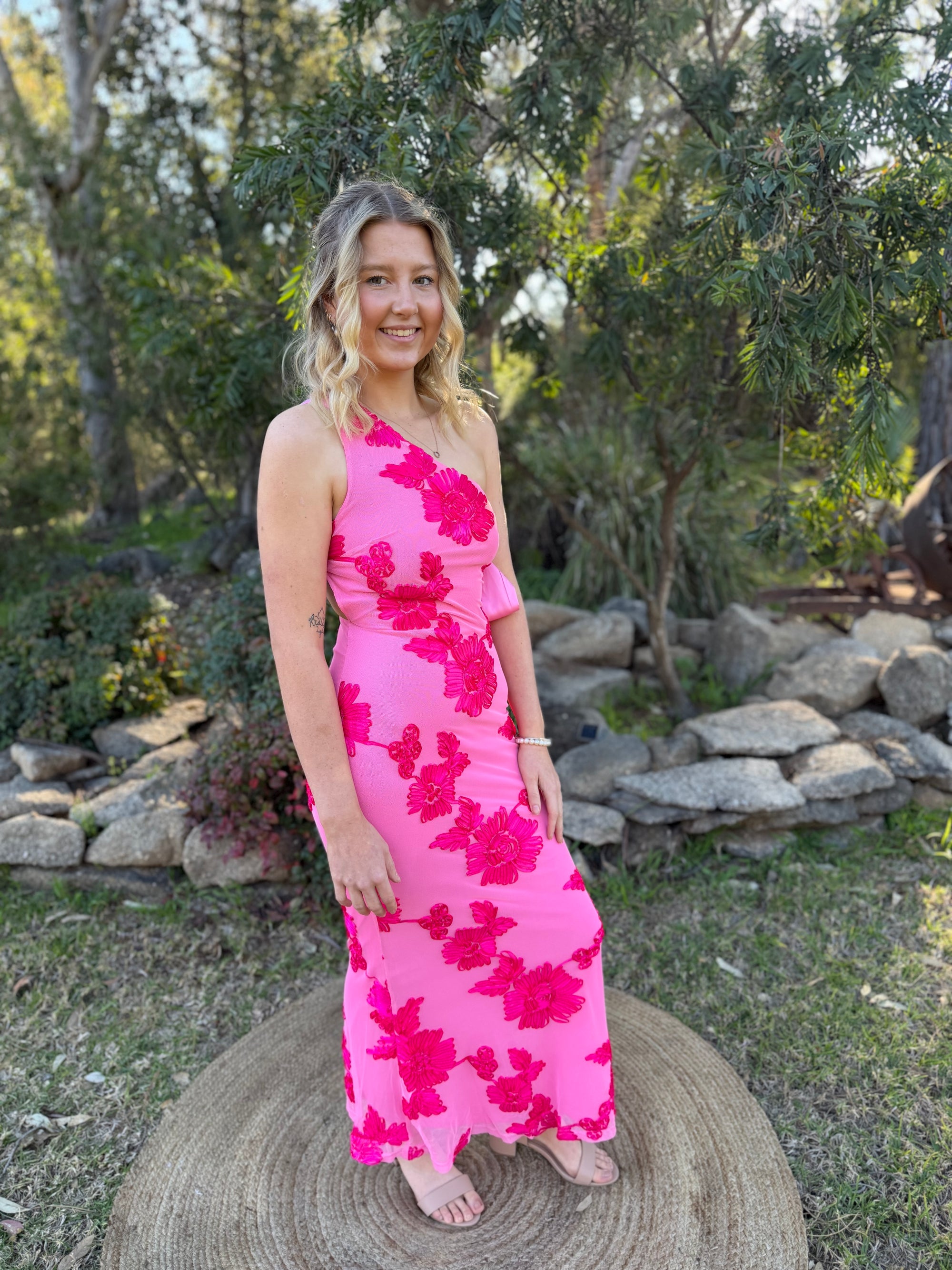 Pink Magnolia One Shoulder Maxi Dress