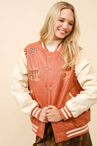 36164J - Faux Leather Western Embroidered Bomber Jacket