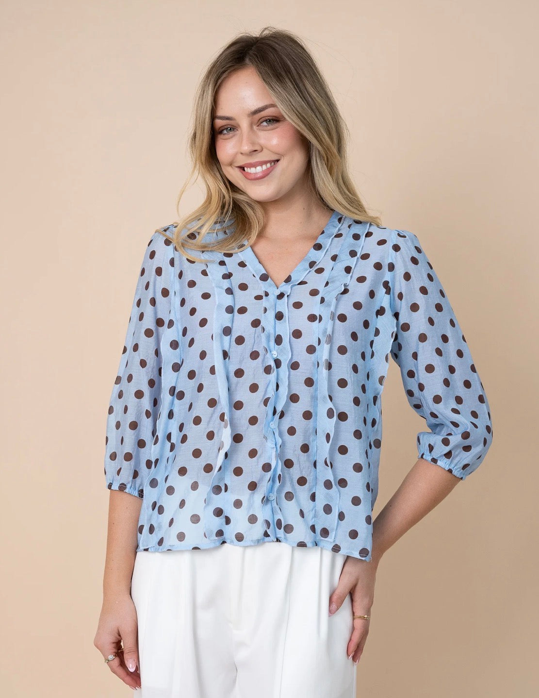 Darcy Spot Frill Blouse – Powder Blue