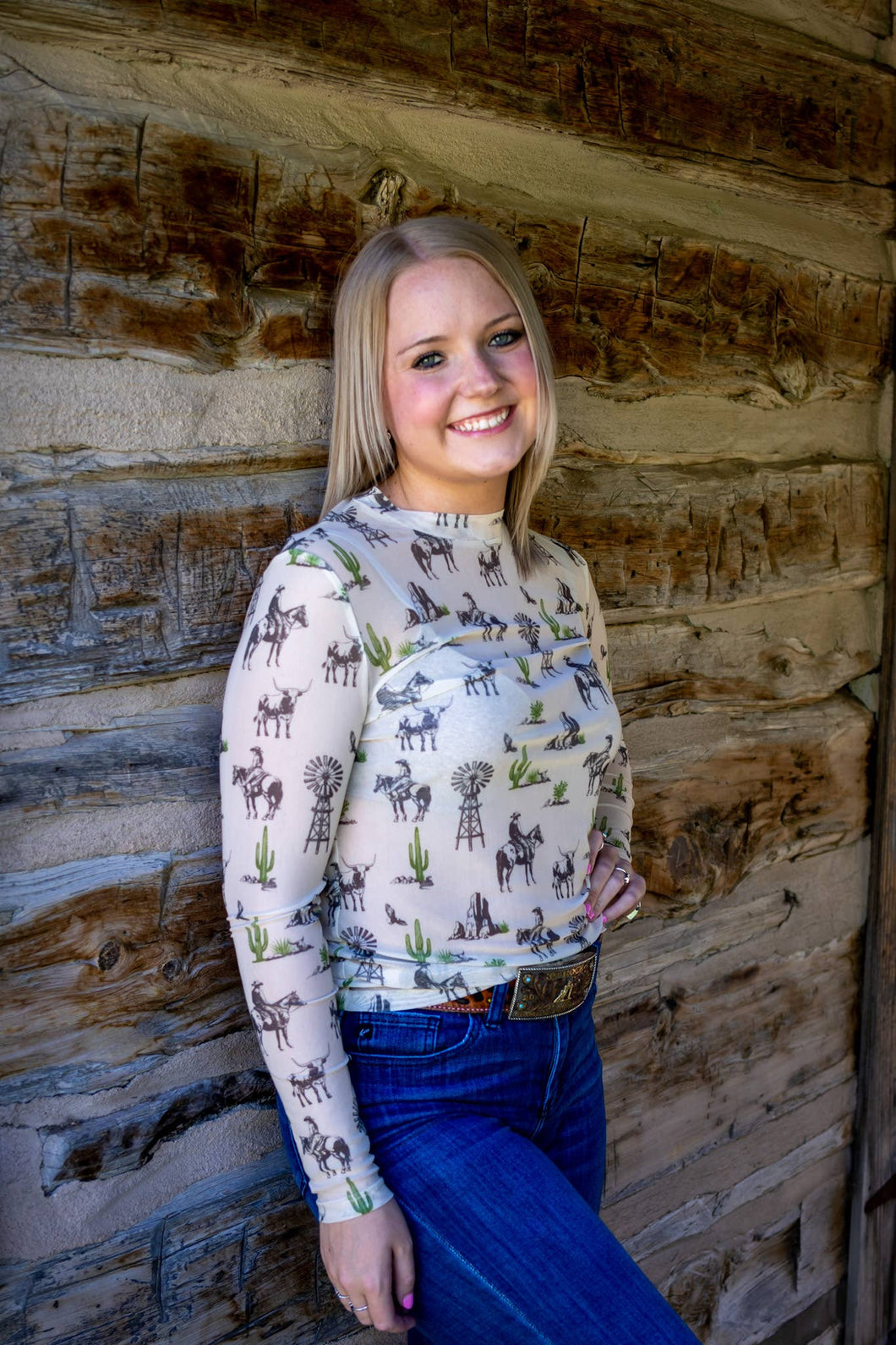 Windmill Print Long Sleeve Western Mesh Top