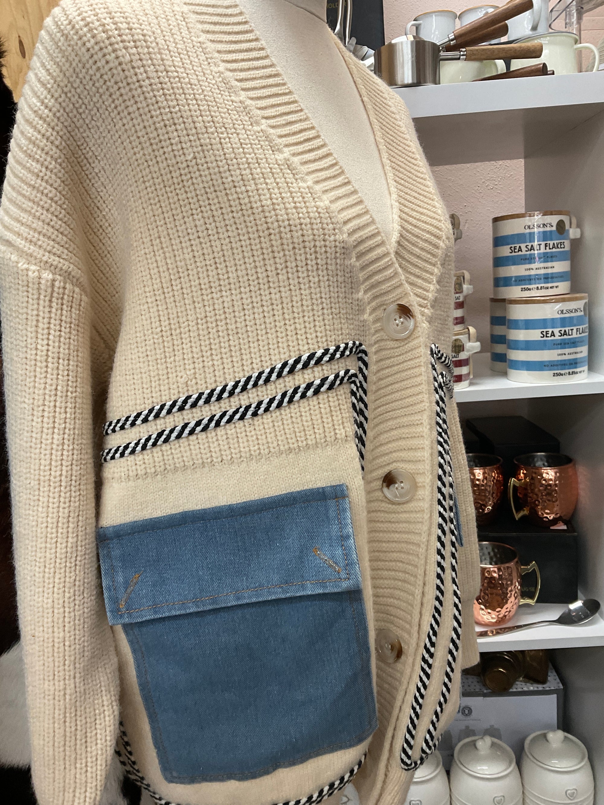 Cream knit cardigan with denim pockets