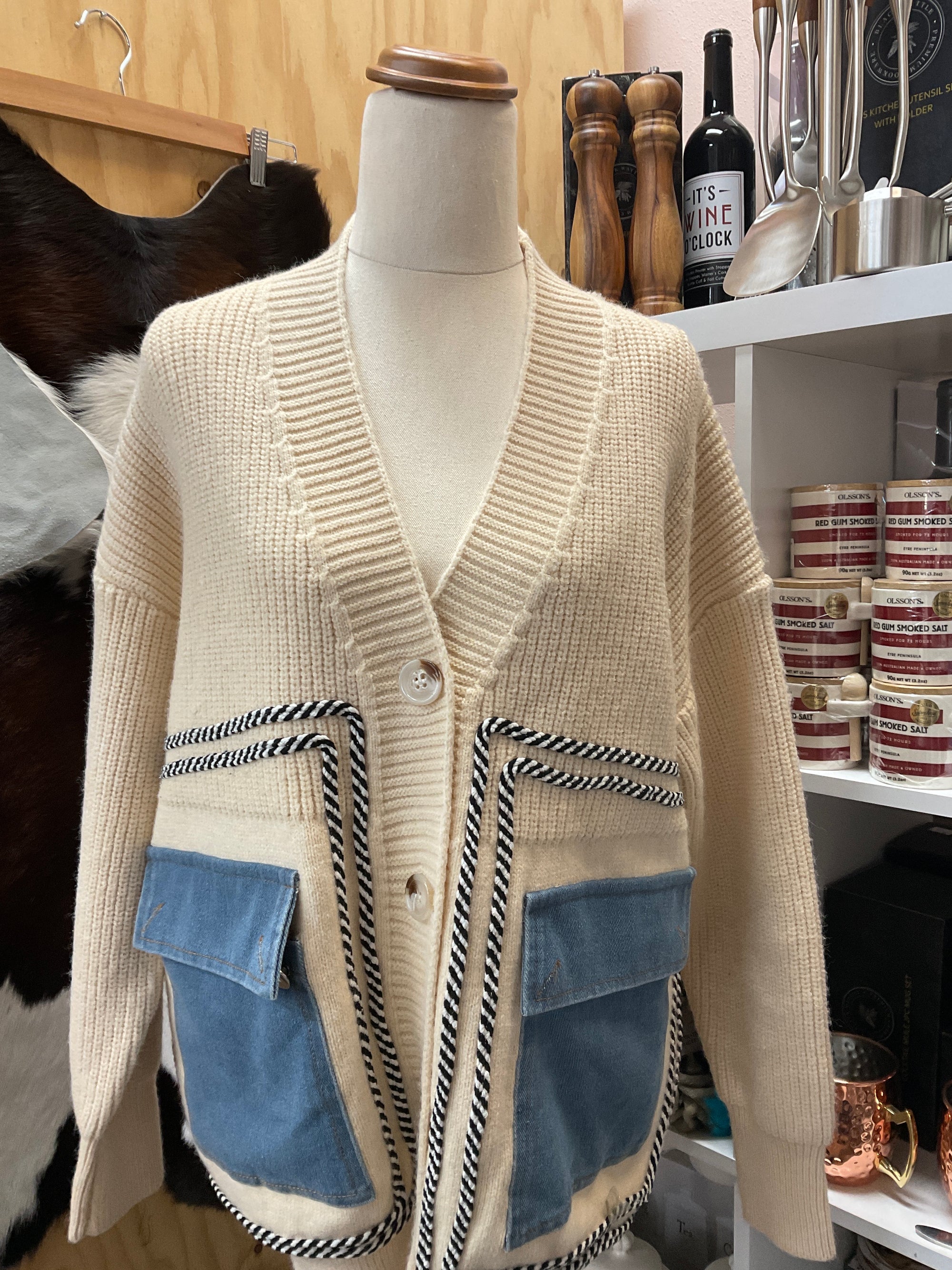 Cream knit cardigan with denim pockets