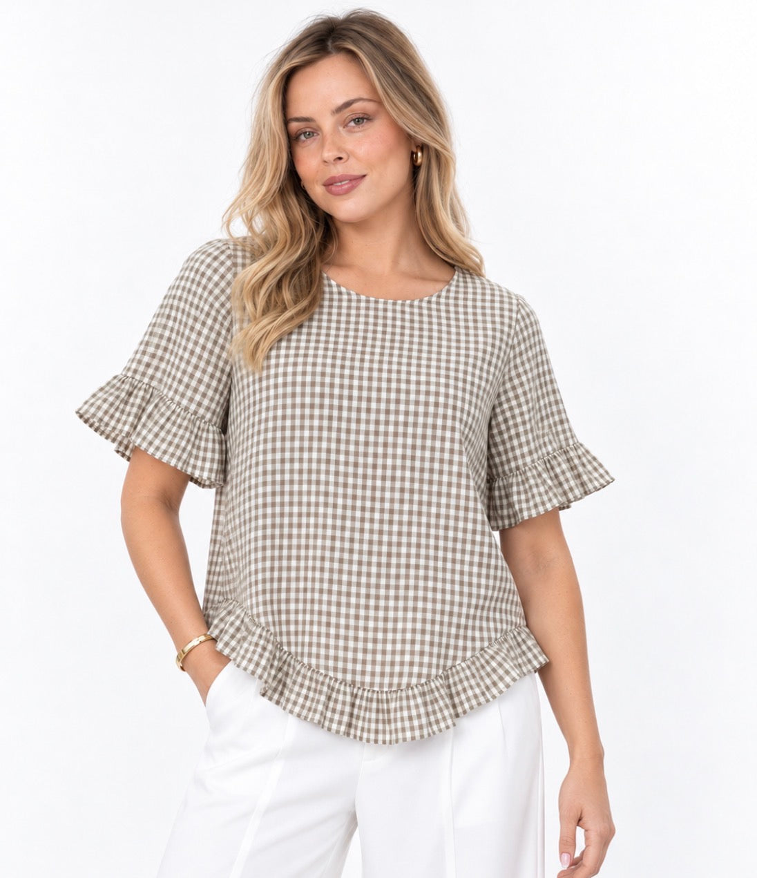 Cedar Check Frill Top Tan