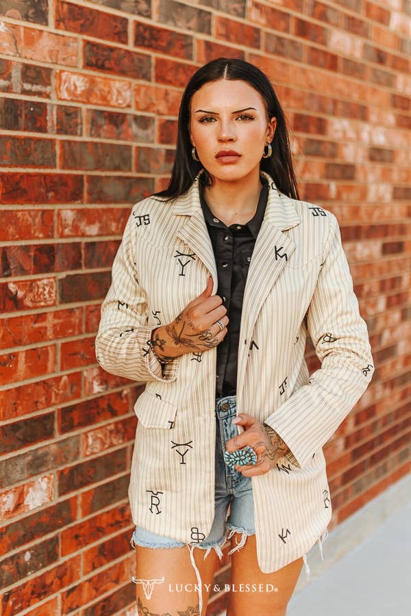 Plus Beige Pin Stripe Cattle Camel Yoke Button Down Blazer