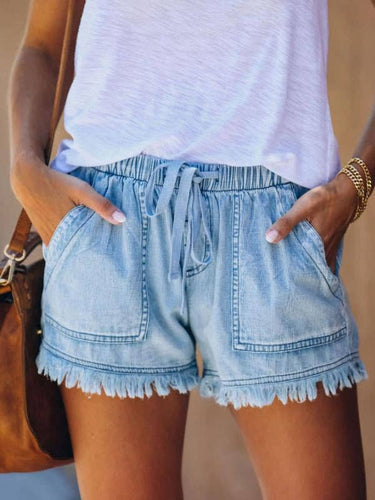 High Waisted Denim Fringed Shorts