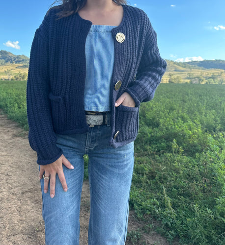Amalie Gold Button Cardigan - Navy