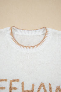 White Knitted YEEHAW Stitch Edge Crew Neck Sweater T Shirt