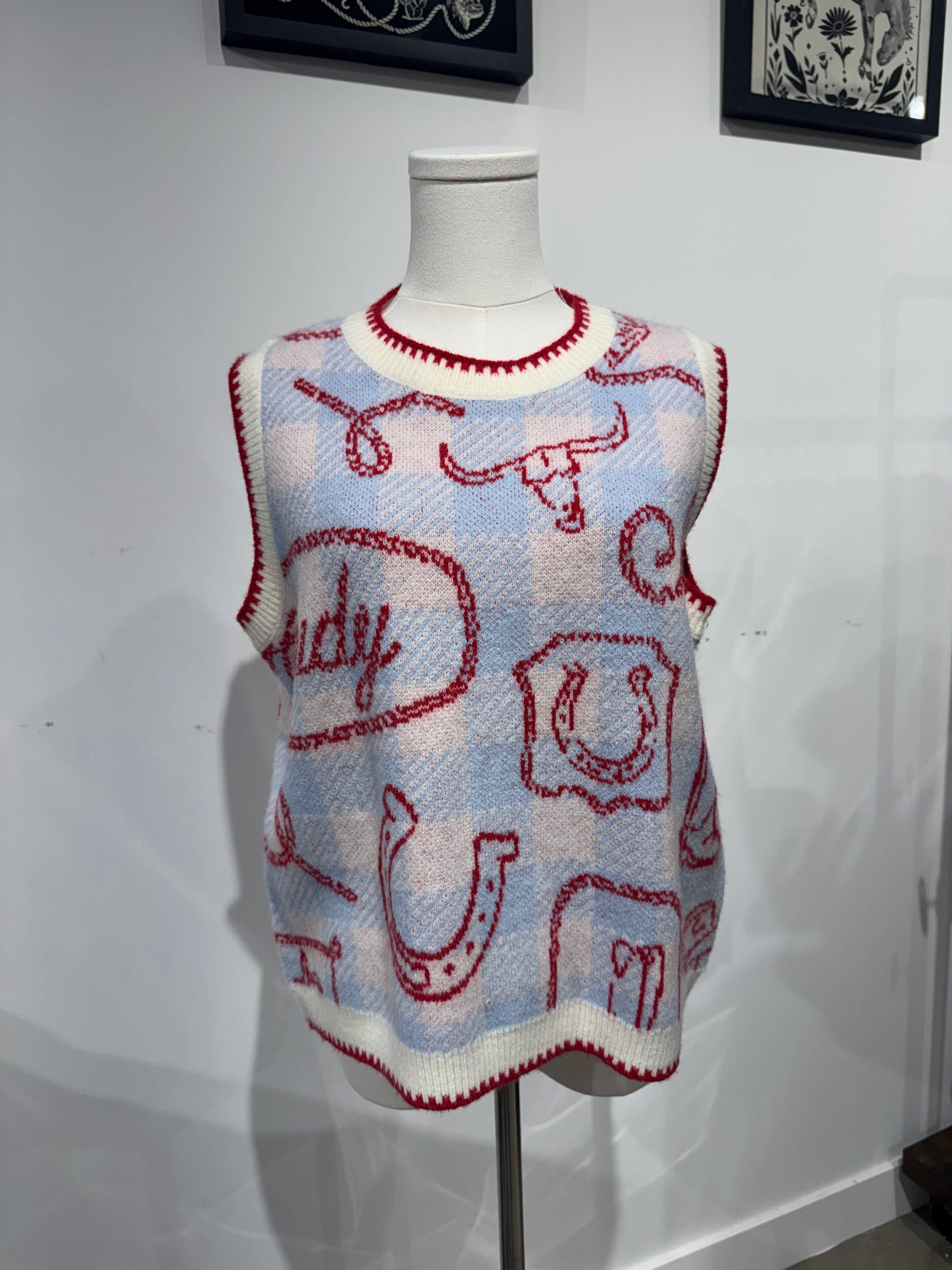 Howdy sweater vest with gingham western icon print red blue