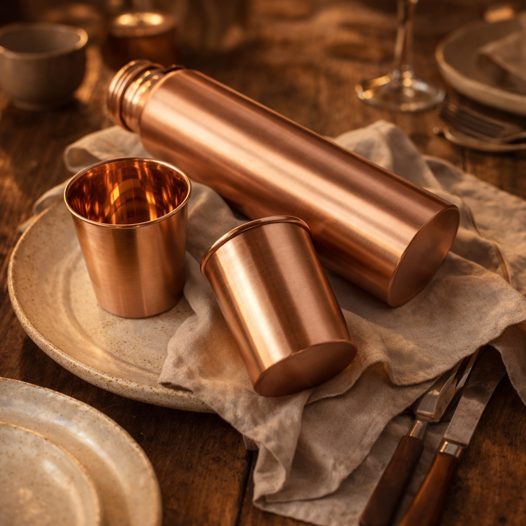 Pure Copper Bottle Gift Set with 2 Glasses – 950ml Bottle &amp; 300ml Tumblers