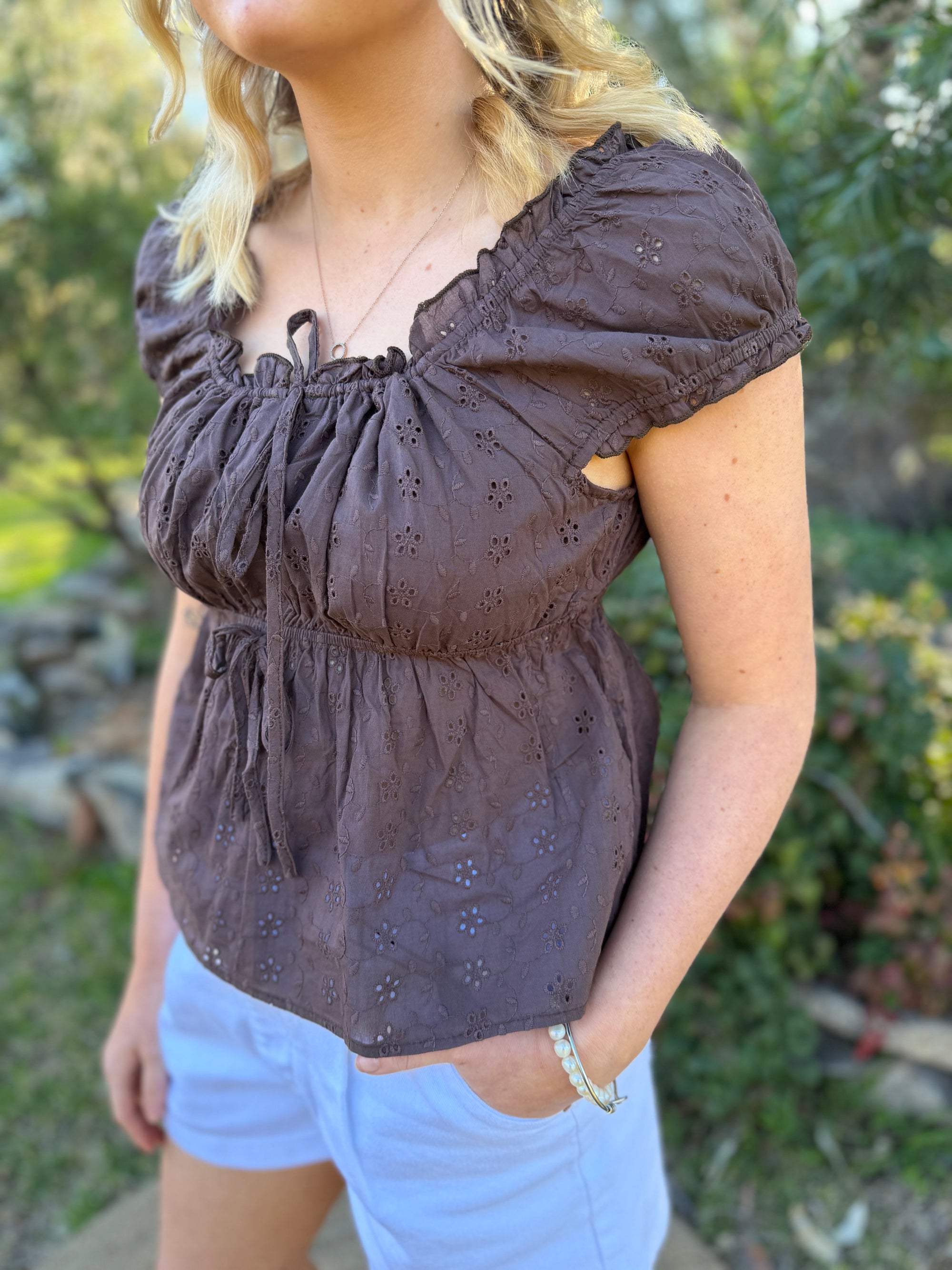 The Elsie Chocolate Broderie Top