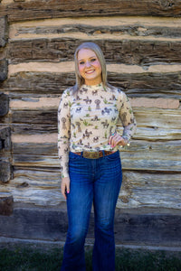 Windmill Print Long Sleeve Western Mesh Top