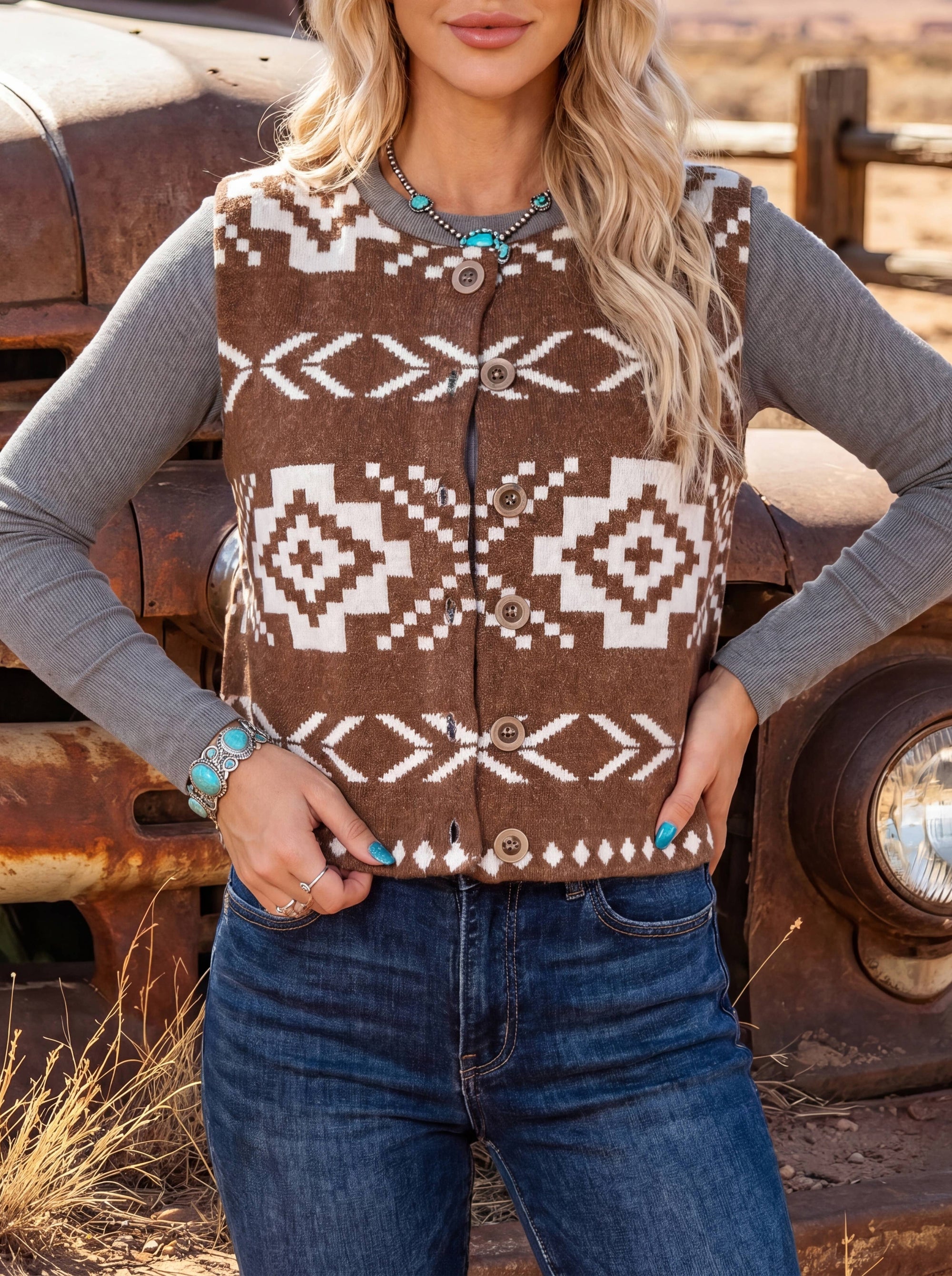 Pre Order - arrival by the end of June Western Amber Aztec Print Sleeveless Knit Vest