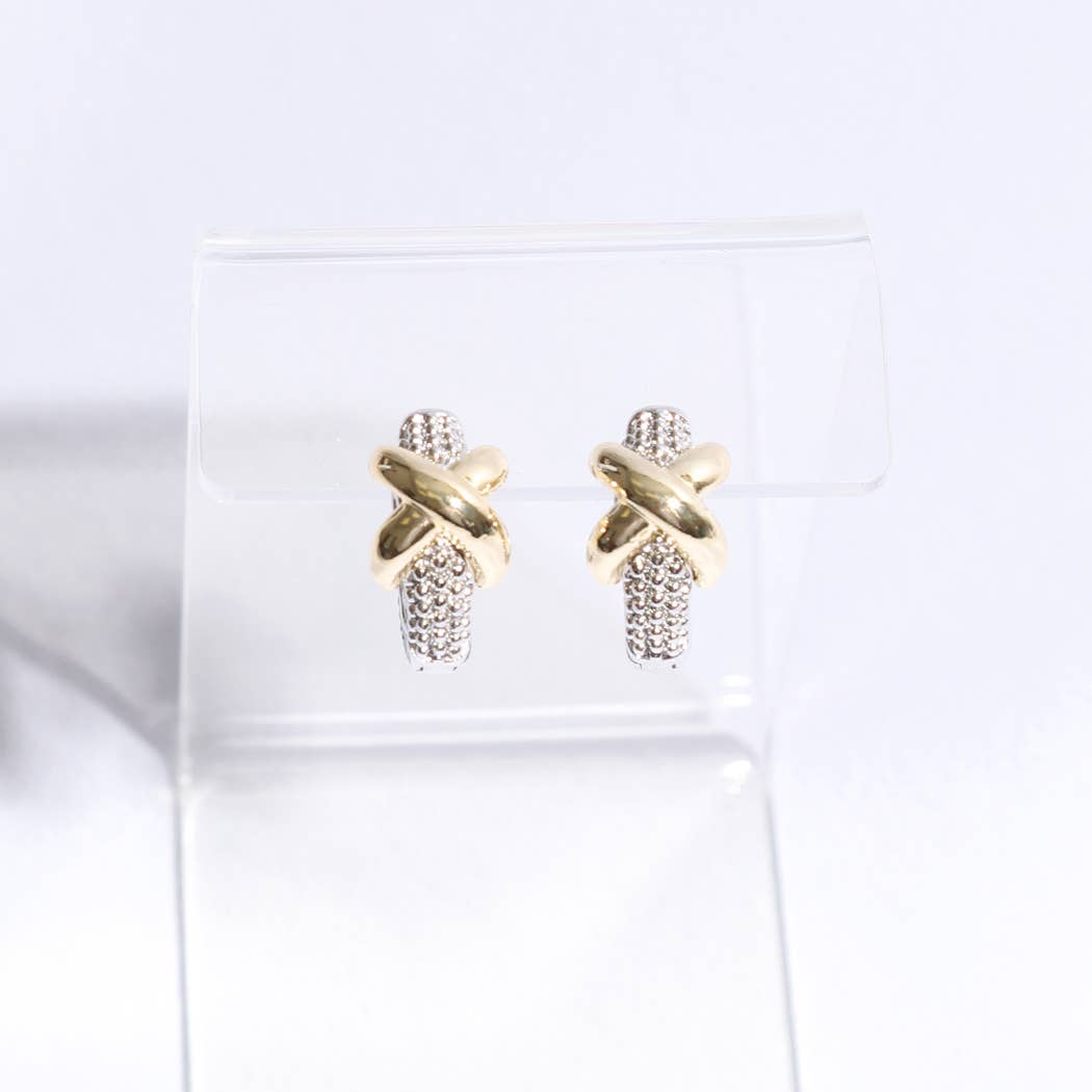 Criss Cross Silver Gold Pave Huggie Earrings