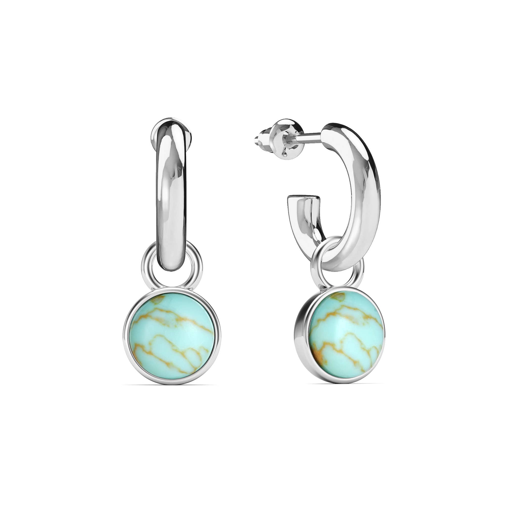 Round Cabochon Turquoise Dangle Earrings in Rhodium