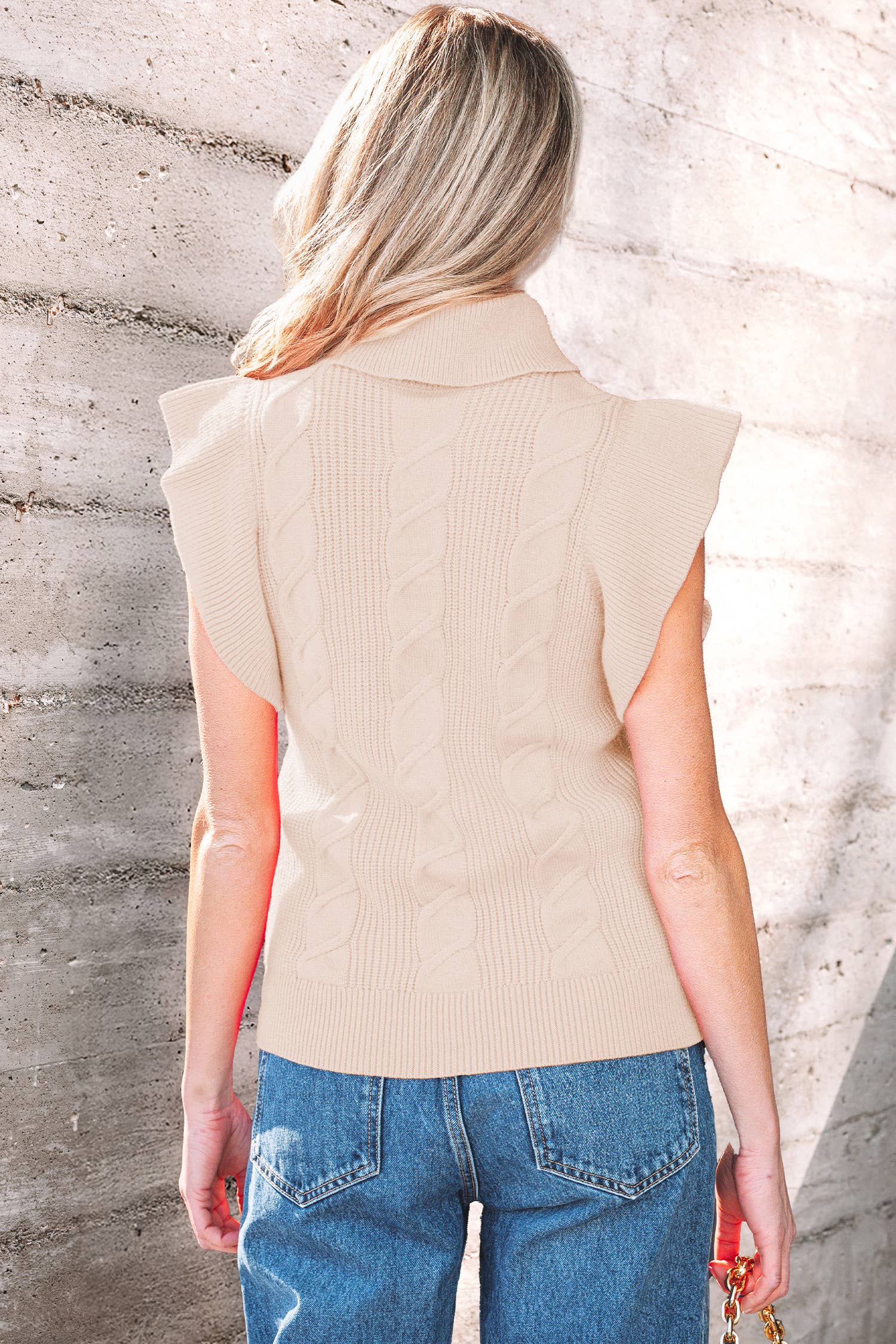 Western Cable Knit Ruffle Sleeve Turtleneck Sweater Top
