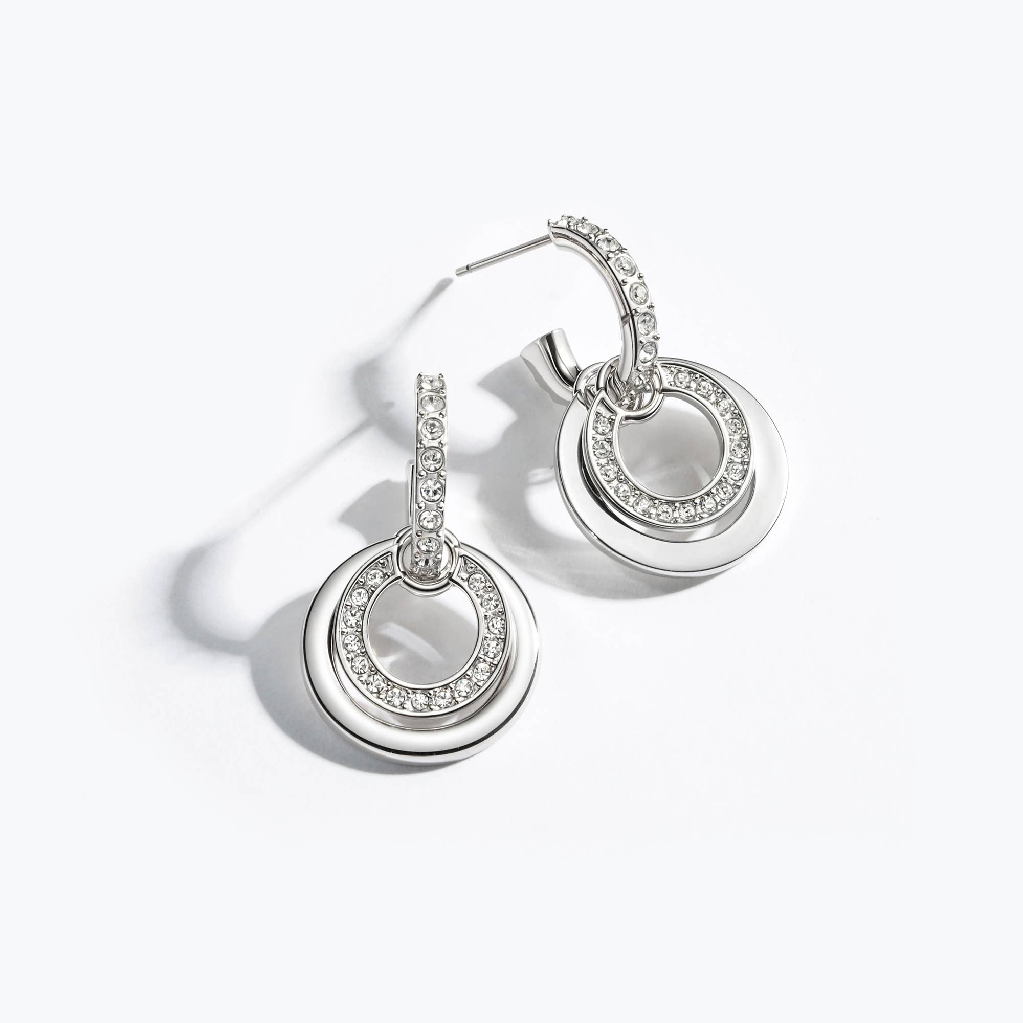 Circle Double Drop Earrings Clear Crystal Rhodium Plated