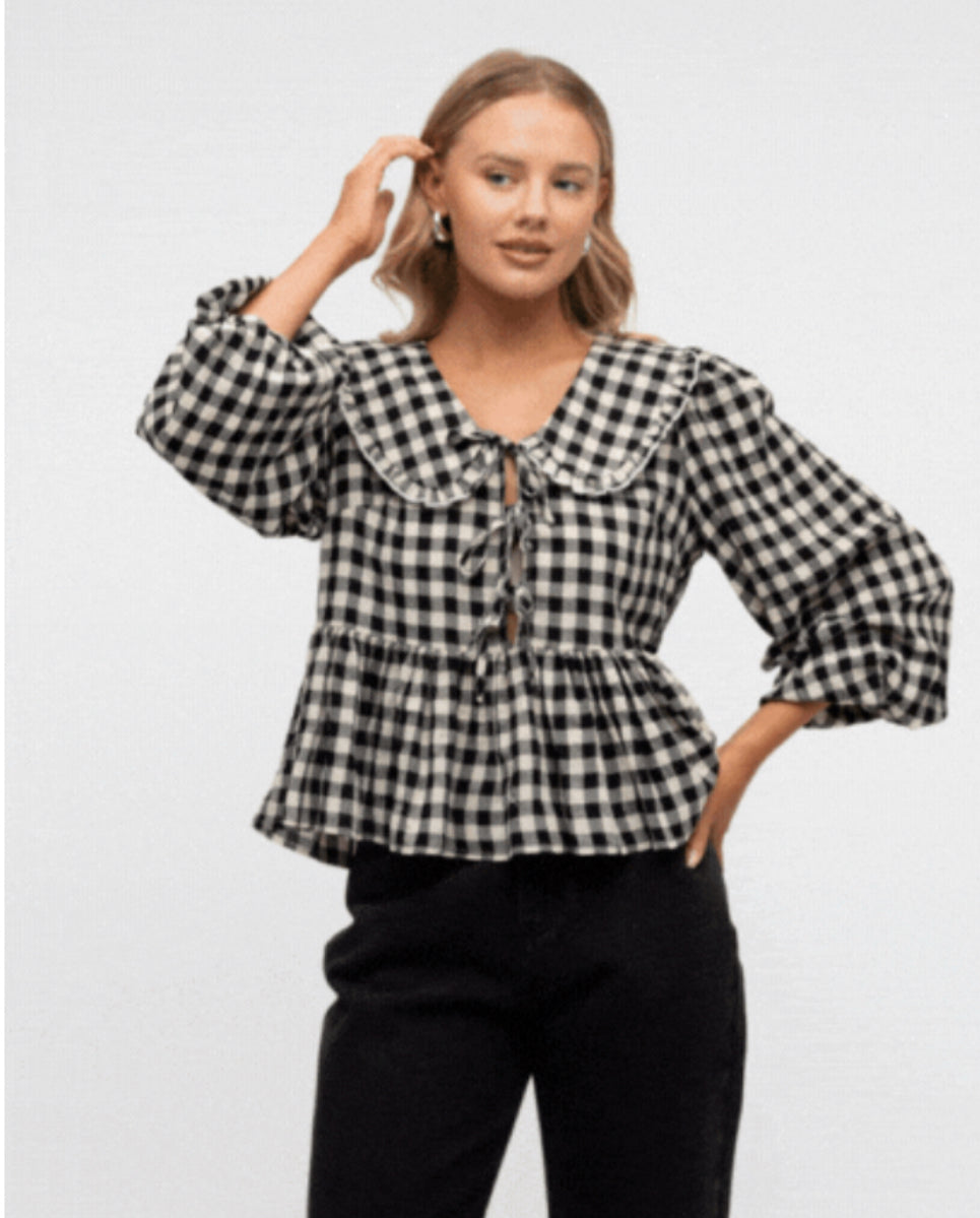 Gingham Ruffle Tie Blouse