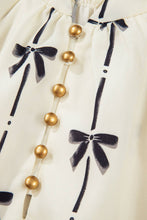 Beige Bowknot Printed Bubble Sleeve V Neck Mini Dress