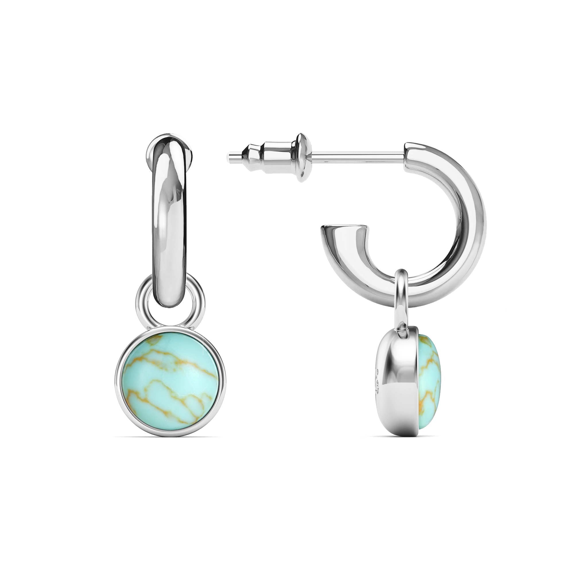 Round Cabochon Turquoise Dangle Earrings in Rhodium