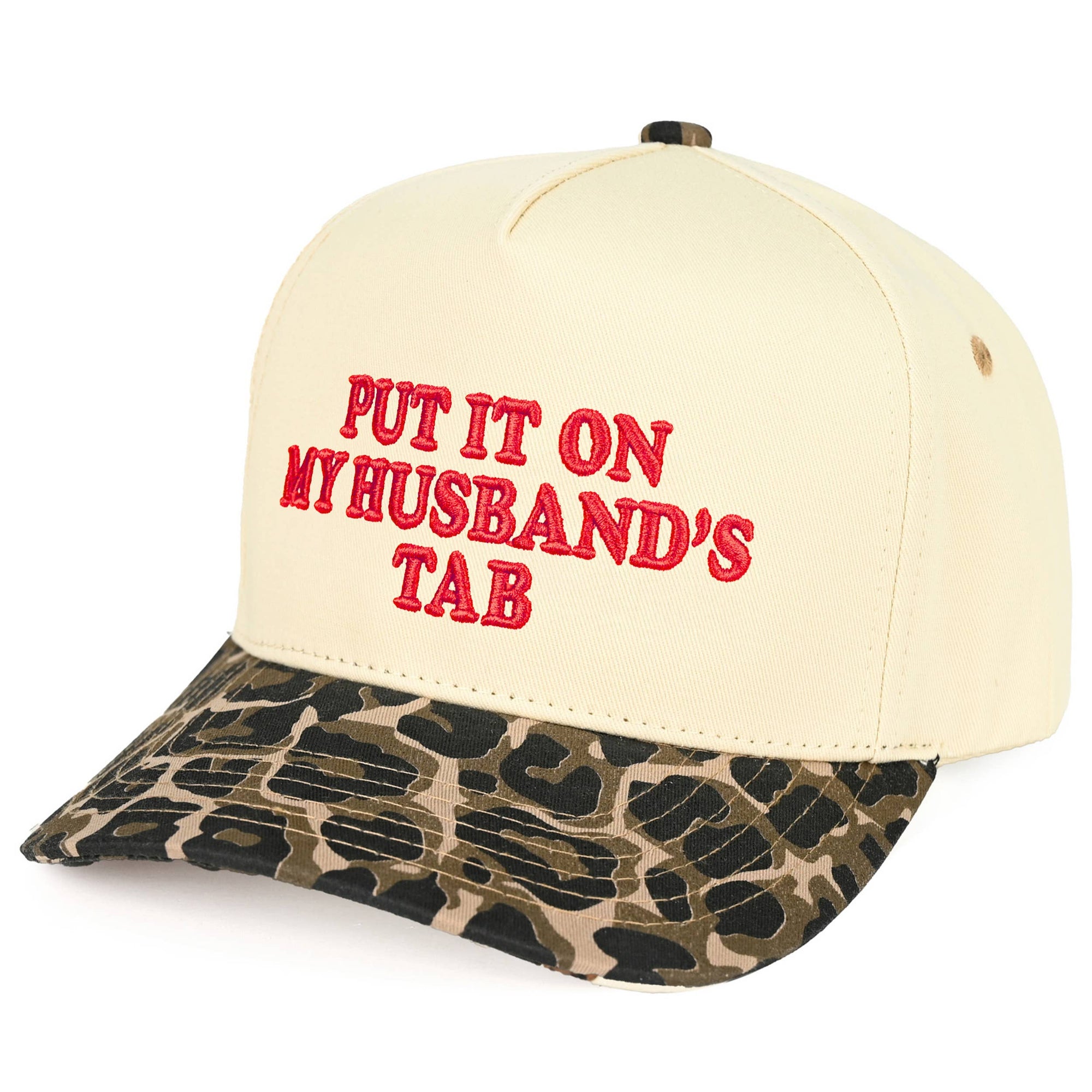 PUT IT ON MY HUSBAND'S TAB Letter Trucker Hat: Leopard