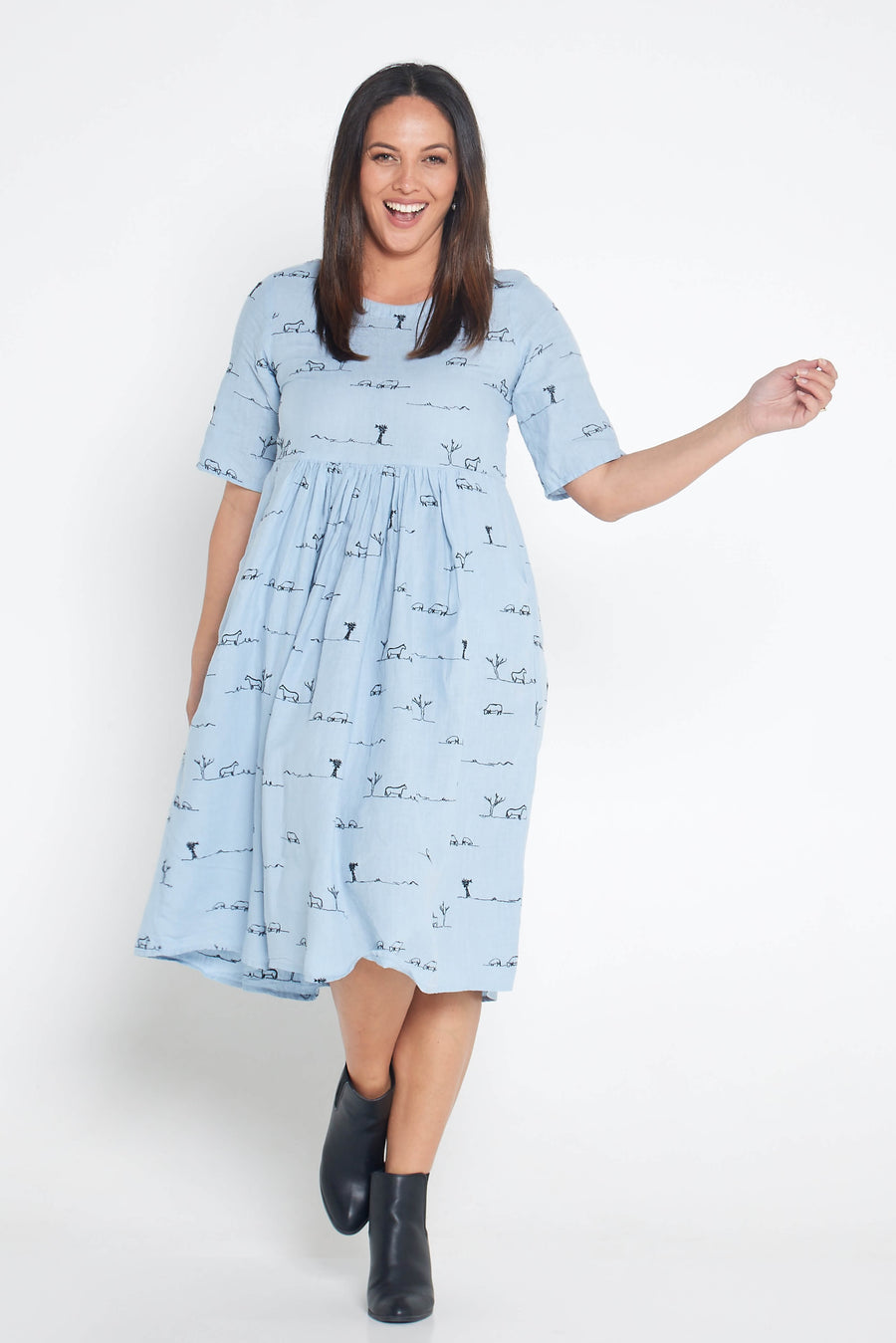 SKYE BLUE RURAL OUTBACK SHORT SLEEVE ORGANIC LINEN DRESS