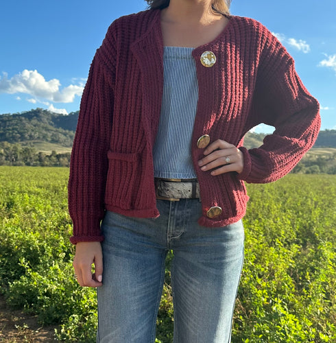 Amalie Gold Button Cardigan - Wine Red