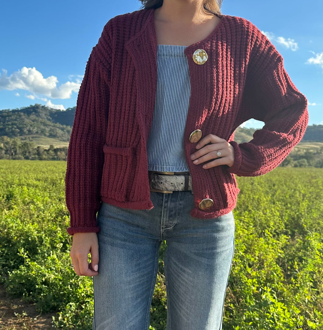 Amalie Gold Button Cardigan - Wine Red