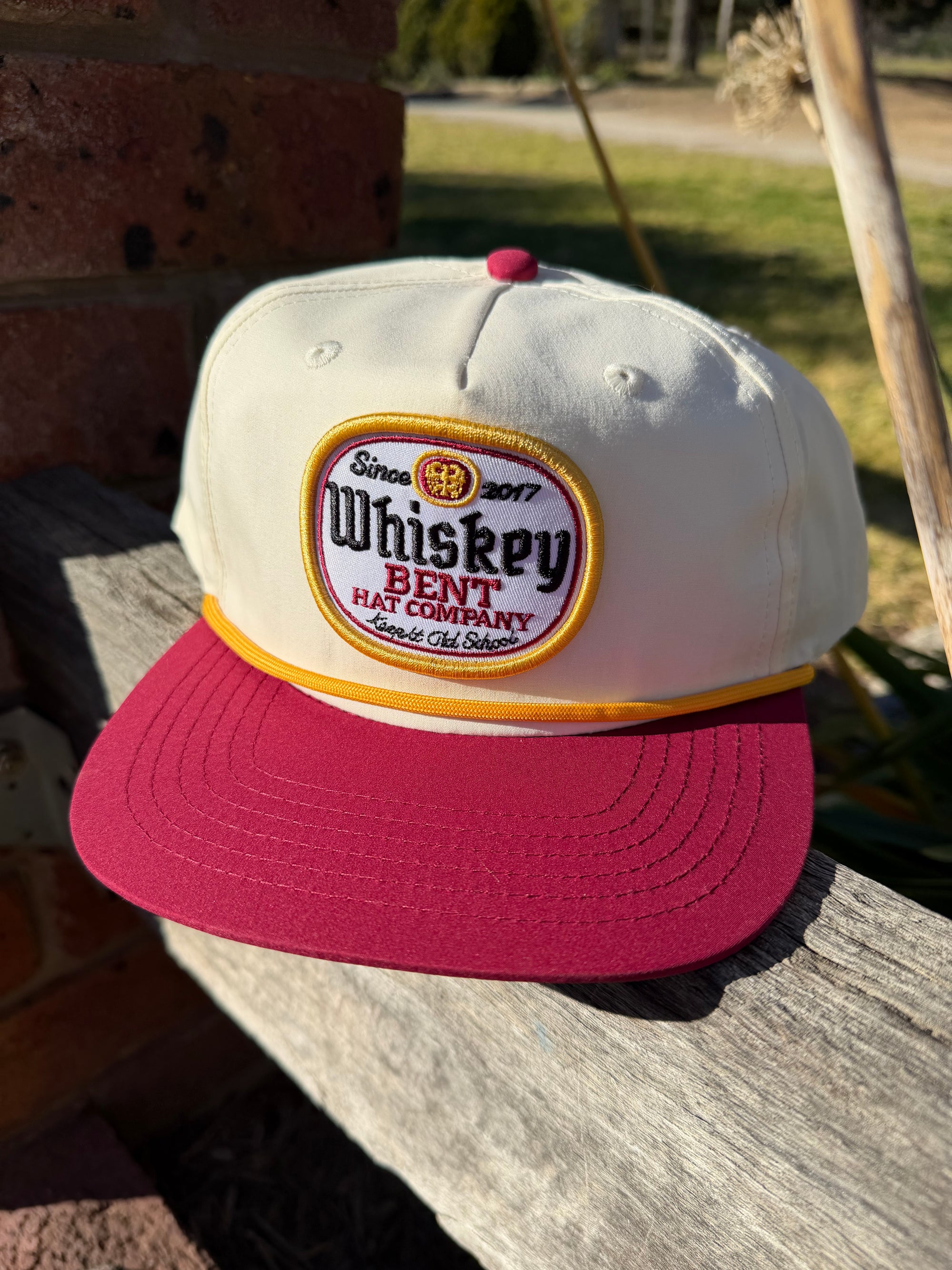 Whiskey Bent Cap cream and Maroon