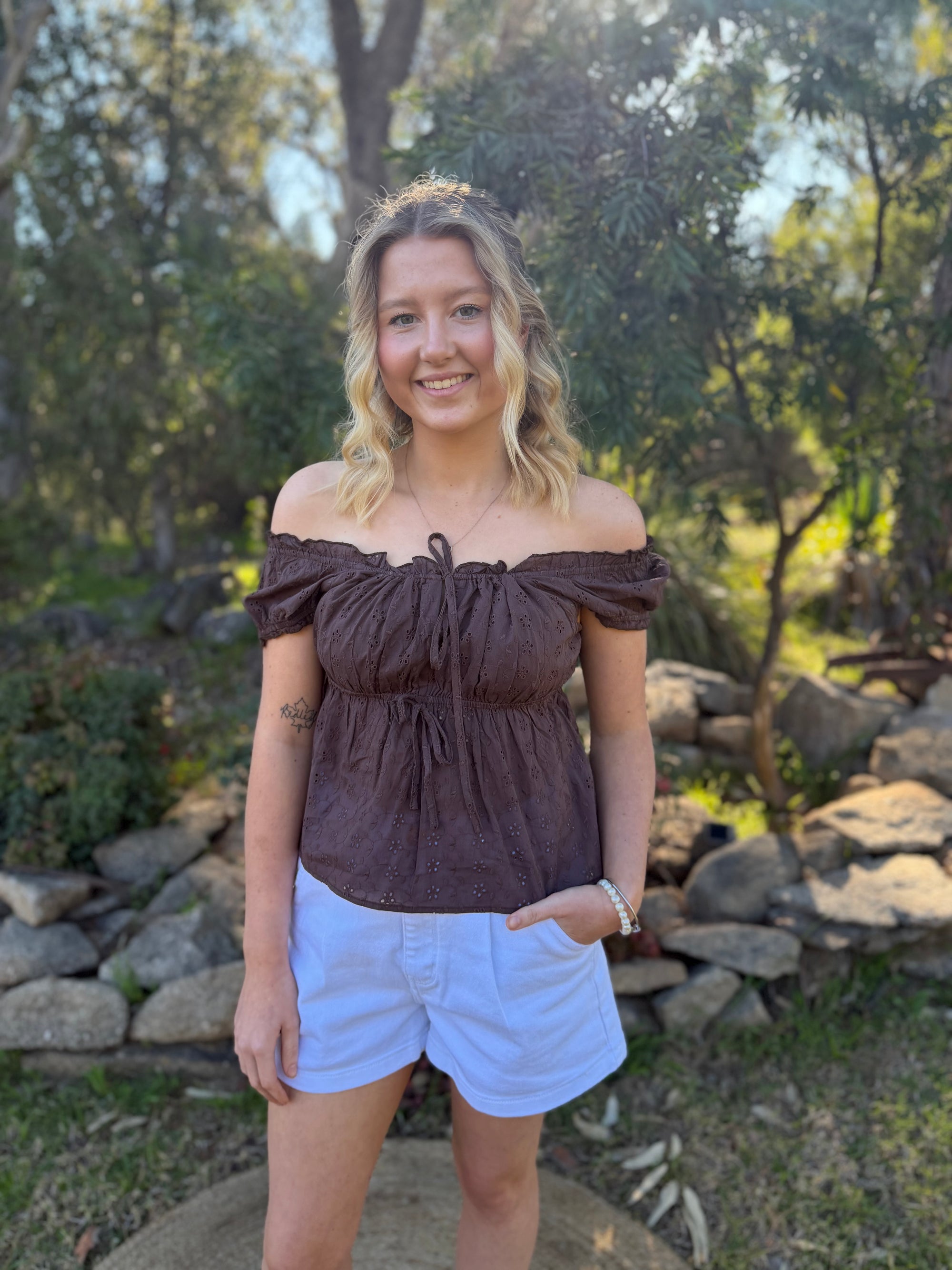 The Elsie Chocolate Broderie Top