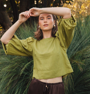 Linen Blend Bubble Sleeve - olive