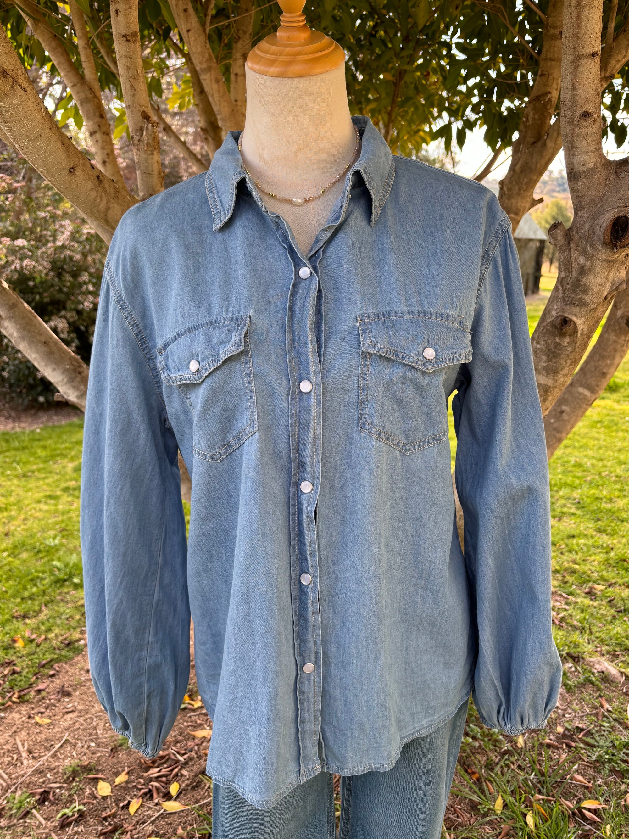 Denim button down top