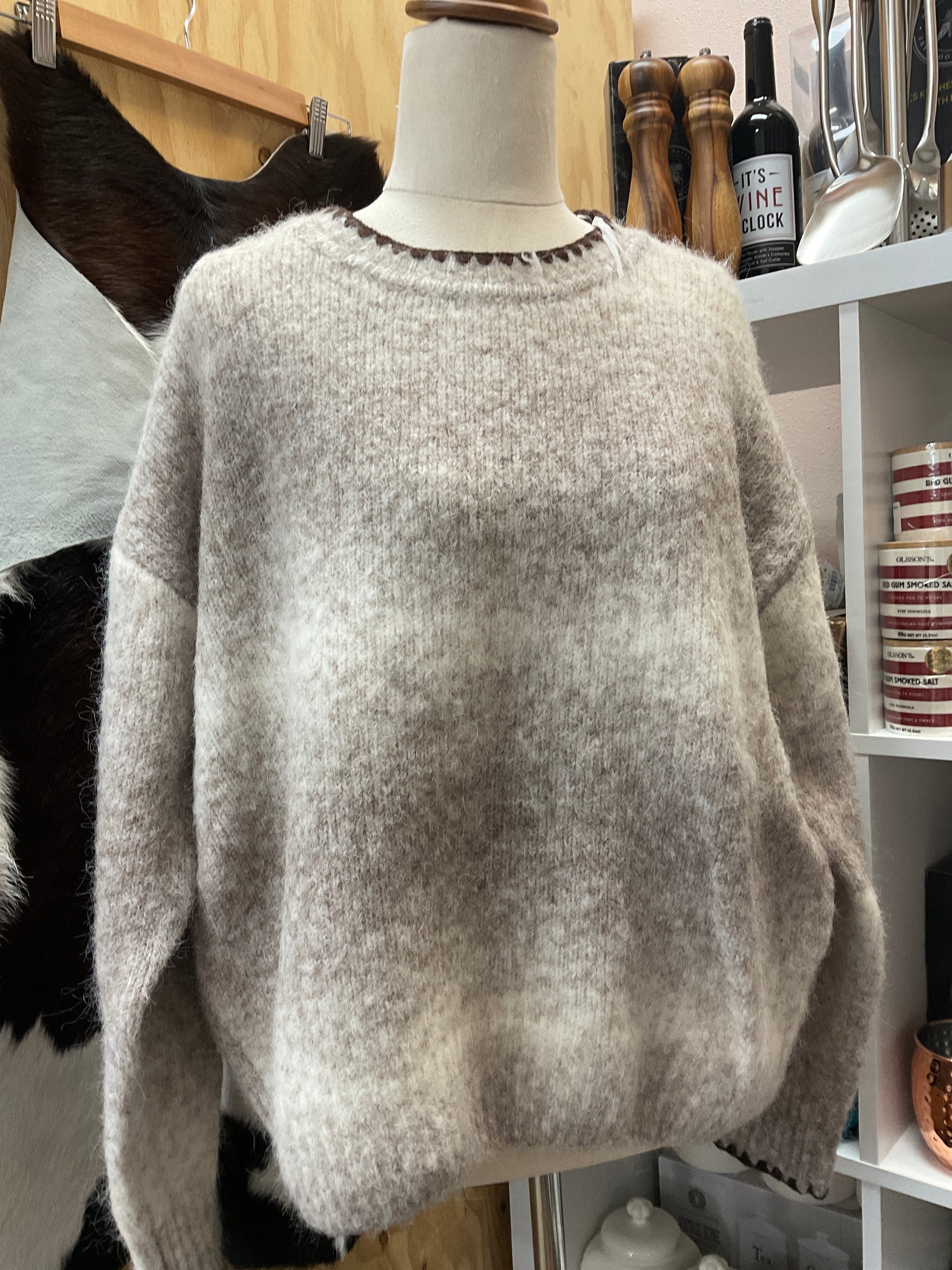 Oat stripe with brown stitching