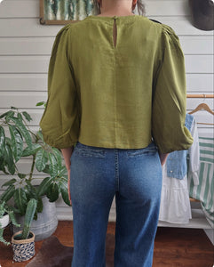Linen Blend Bubble Sleeve - olive