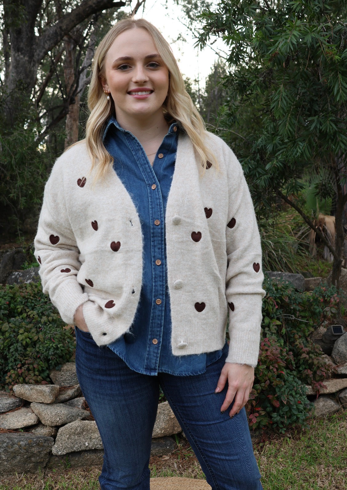 Button Knit with Love hearts- Cream