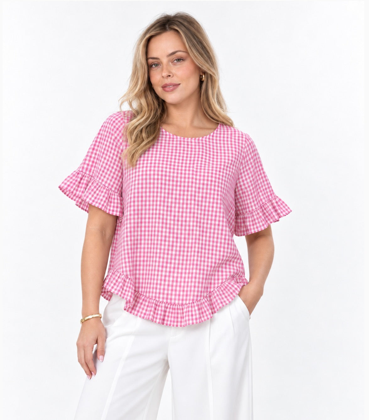 Cedar Check Frill Top Pink