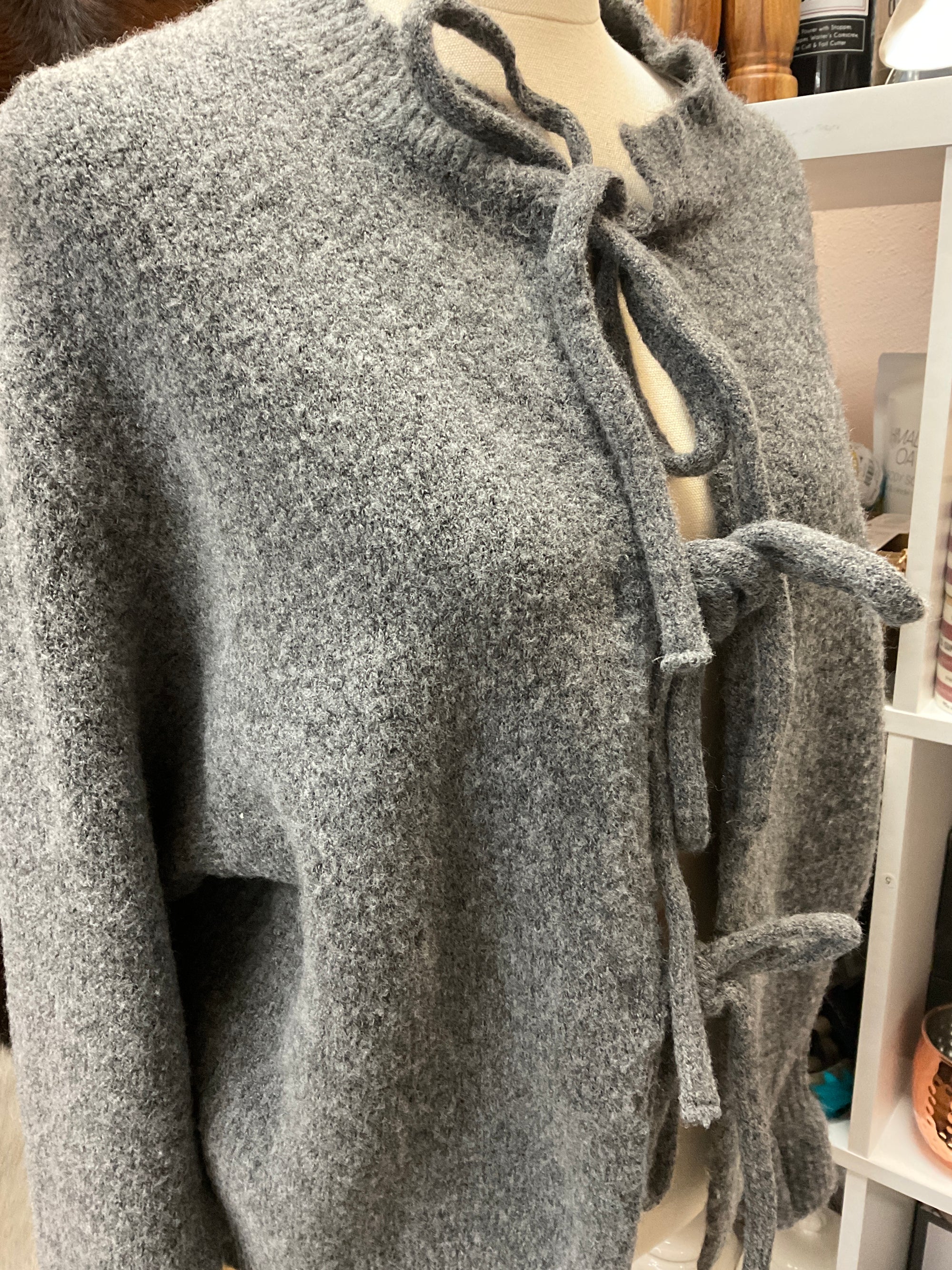 Cardigan - Tie Front Round Neck Loose - grey
