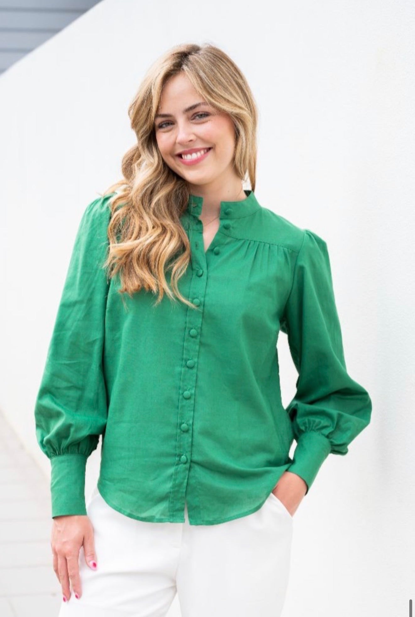 Emerald Ease Button Blouse