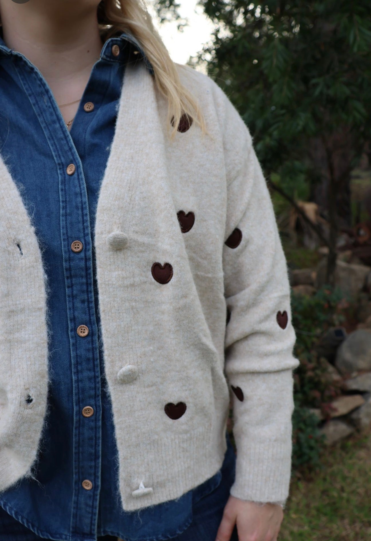 Button Knit with Love hearts- Cream