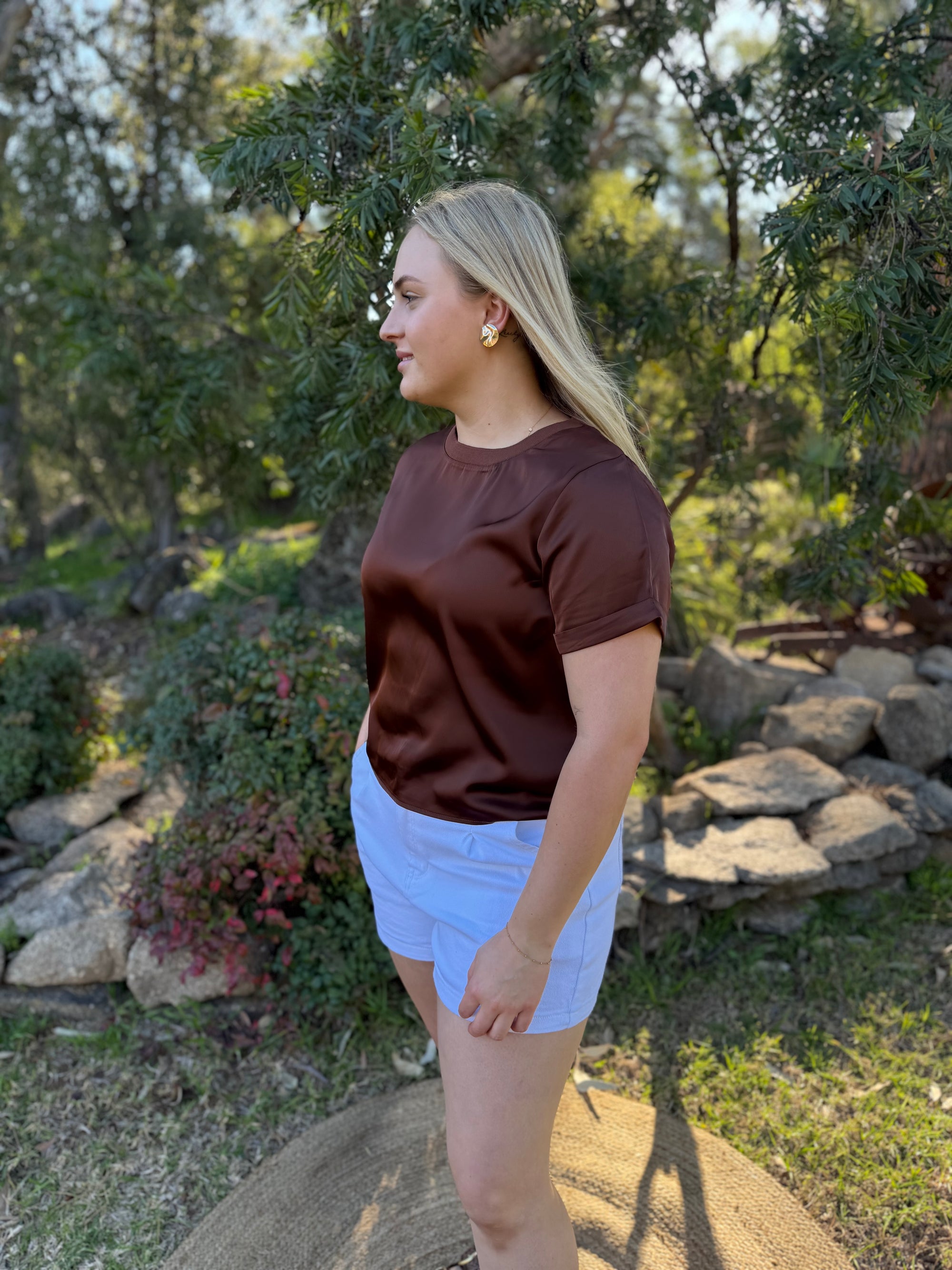 The Frankie Black Satin Tee brown