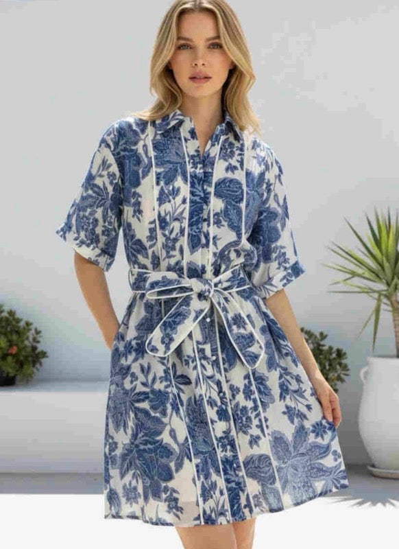 Blue floral collared midi dress