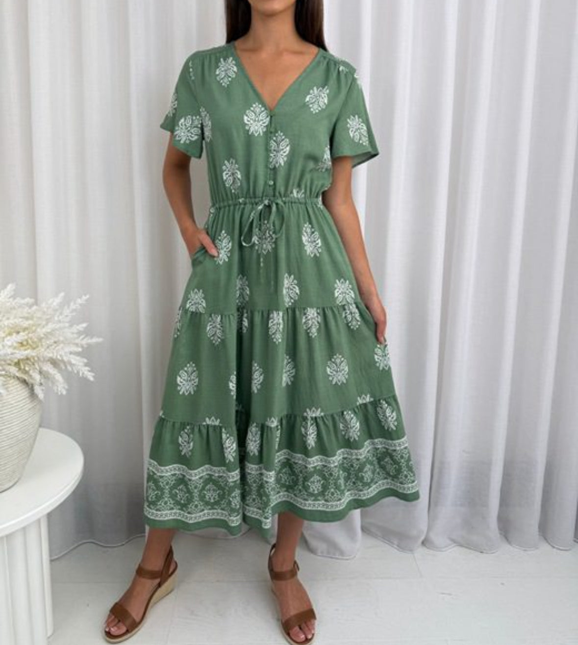 Willow Lane Boho Dress – Sage ~ Midi