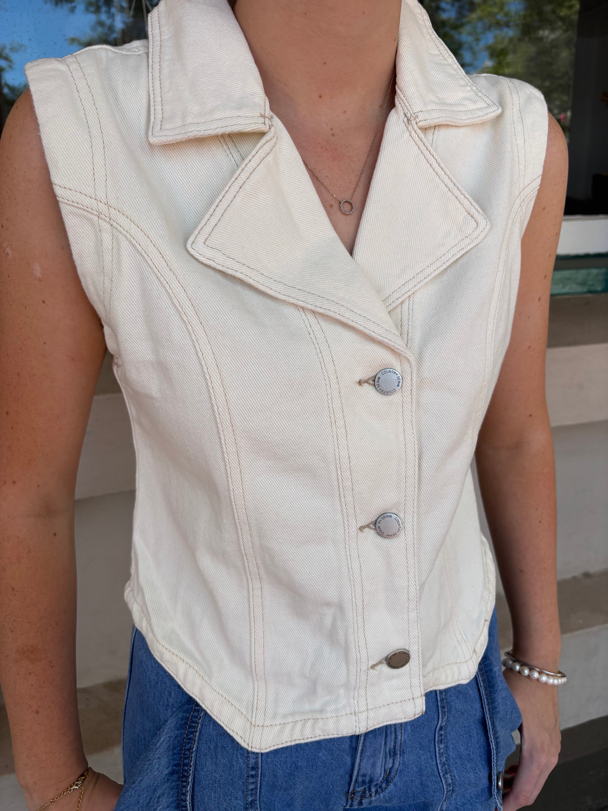 Collared Denim Vest - White